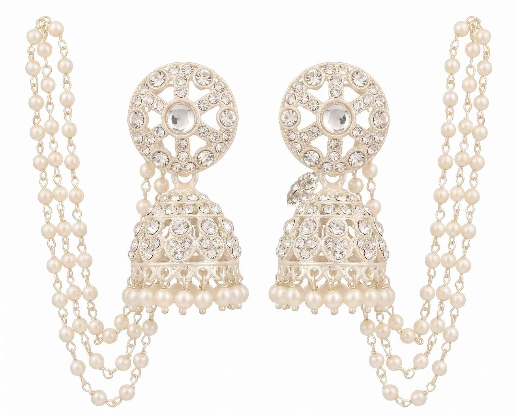 Traditional Artificial Pearl Jhumka Earrings with 3-Tier Ear Chain Sahara for Women | Kundan Style Clear Stone Bell Drop Jhumki with Hair Chain | Ethnic Bridal Wedding Jewellery