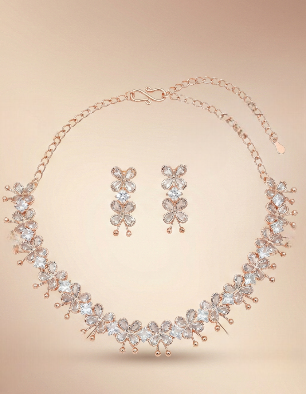 Close-up view of premium artificial Rose Gold Floral Crystal Necklace and Earrings Set by Innovate Art Impex.