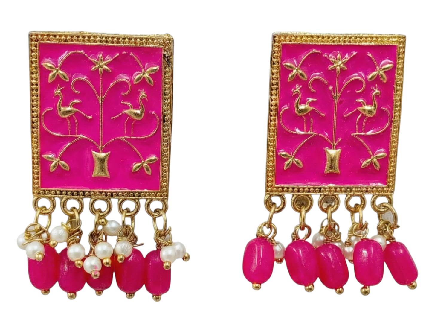 Close-up view of premium artificial Pink Meenakari Gold Plated Pearl Drop Earrings for Women | Traditional Ethnic Dangle Earrings by Innovate Art Impex.