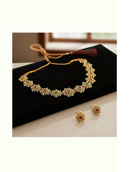 Close-up view of premium artificial Traditional Gold Plated Floral Choker Necklace Set with Ruby & Emerald Stones by Innovate Art Impex.