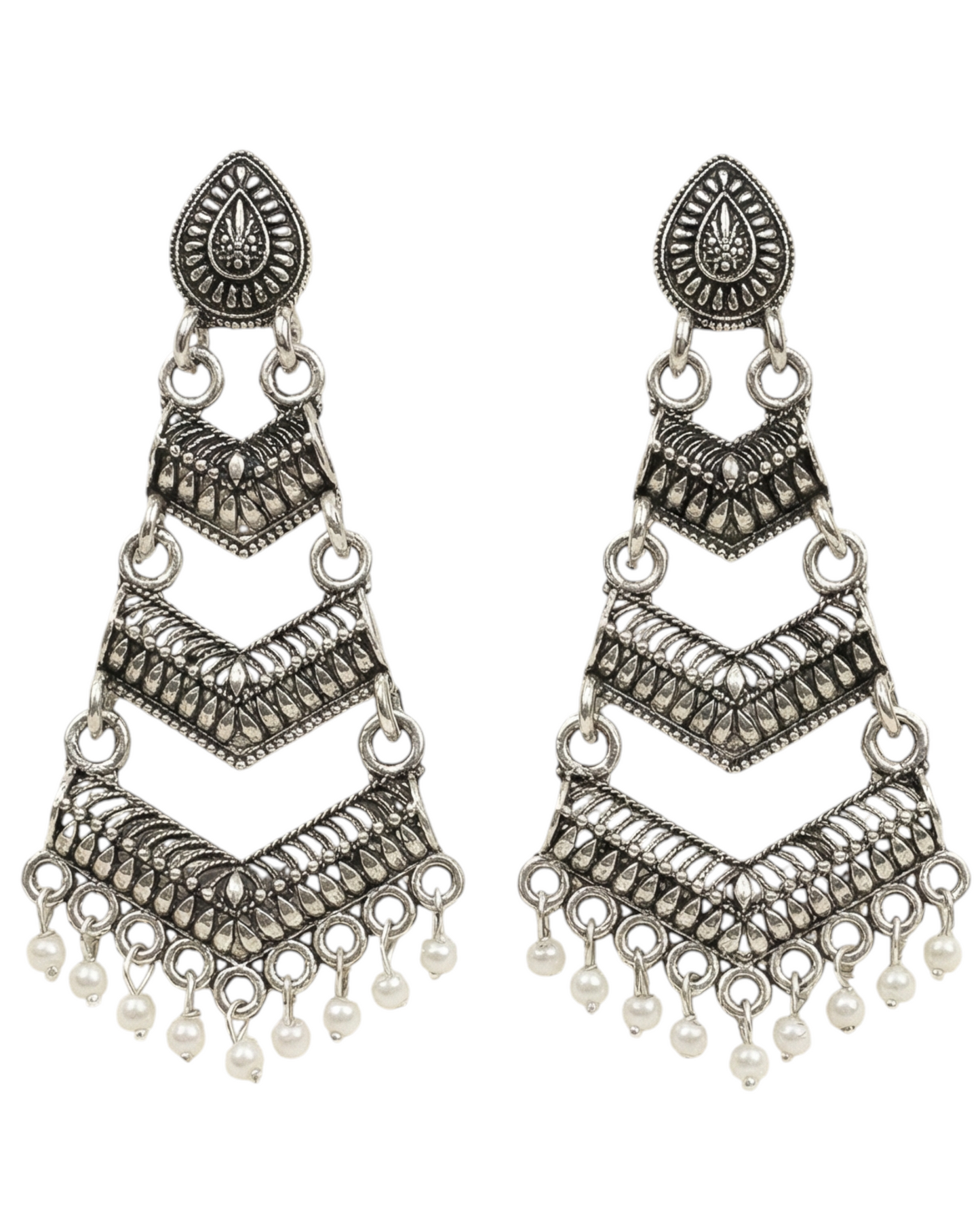Close-up view of premium artificial Oxidized Silver Traditional Chandelier Earrings for Women by Innovate Art Impex.