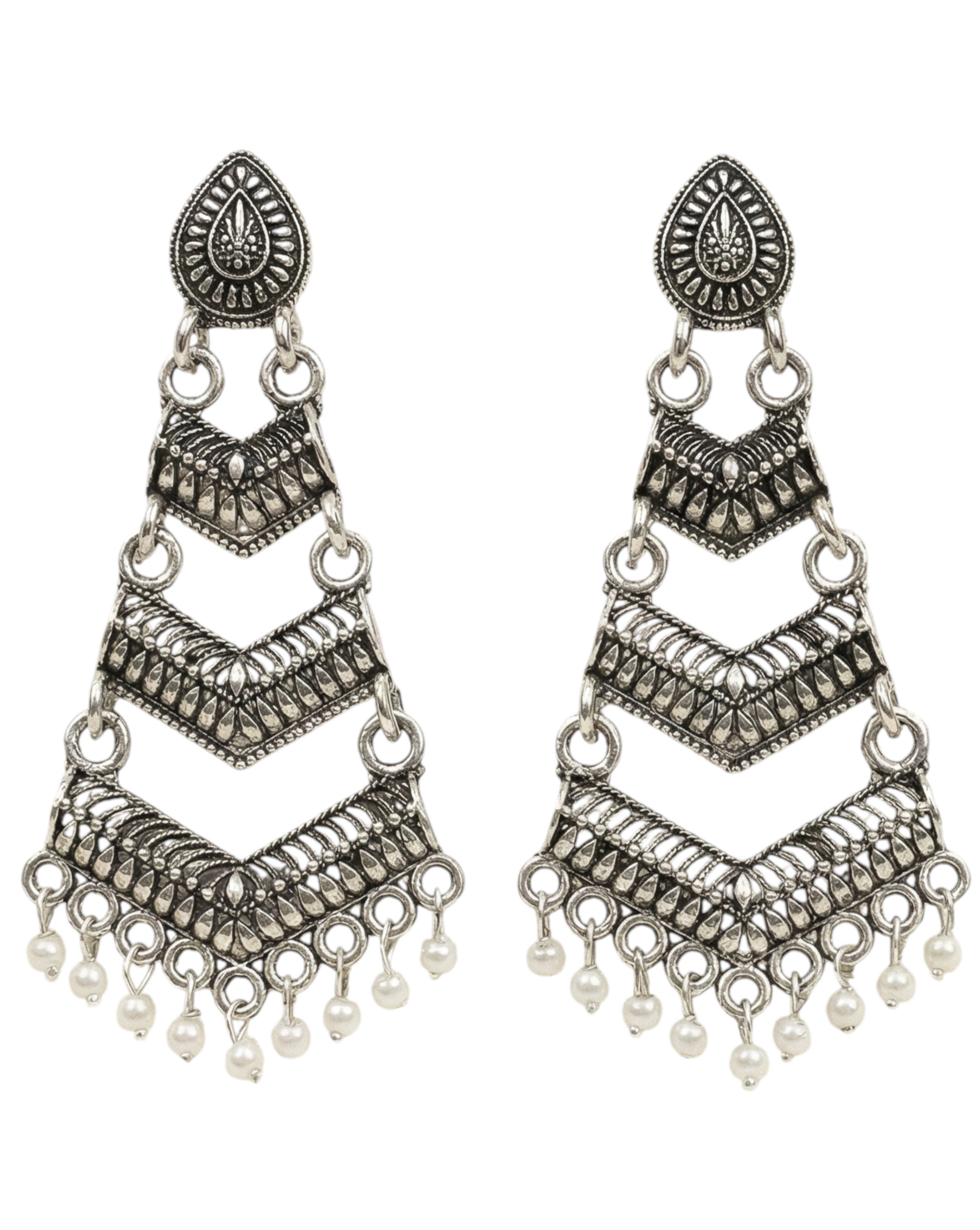 Close-up view of premium artificial Oxidized Silver Traditional Chandelier Earrings for Women by Innovate Art Impex.