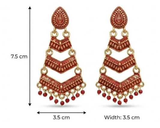 Close-up view of premium artificial Red Meenakari Gold Plated Layered Drop Earrings with Pearl Hanging by Innovate Art Impex.