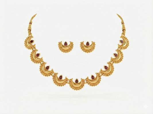 Close-up view of premium artificial Traditional Maharashtrian Chandrakor Rubu Red Stone Necklace Set   Gold Plated by Innovate Art Impex.