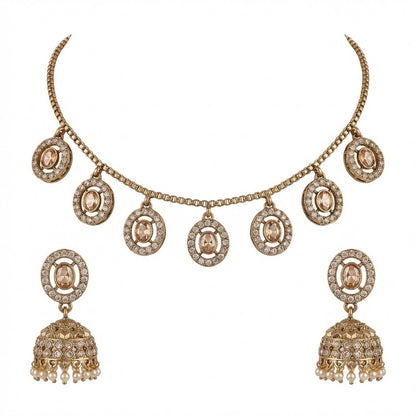 Close-up view of premium artificial Champagne Gold Medallion Charm Necklace & Pearl Drop Jhumka Earring Set by Innovate Art Impex.