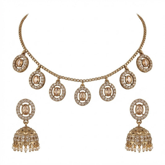 Champagne Gold Medallion Charm Necklace & Pearl Drop Jhumka Earring Set