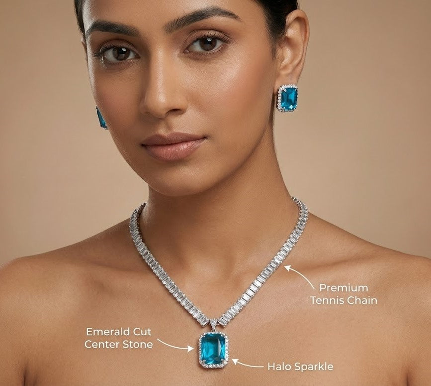 Close-up view of premium artificial Sky Blue Stone Diamond Style Necklace Set with Matching Earrings by Innovate Art Impex.