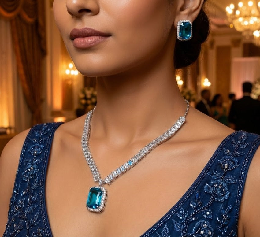 Close-up view of premium artificial Sky Blue Stone Diamond Style Necklace Set with Matching Earrings by Innovate Art Impex.