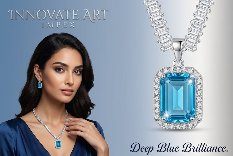 Close-up view of premium artificial Sky Blue Stone Diamond Style Necklace Set with Matching Earrings by Innovate Art Impex.