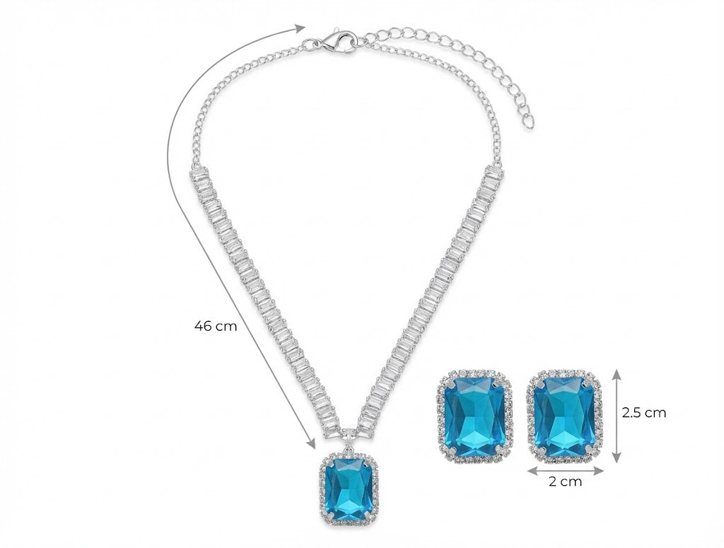 Close-up view of premium artificial Sky Blue Stone Diamond Style Necklace Set with Matching Earrings by Innovate Art Impex.