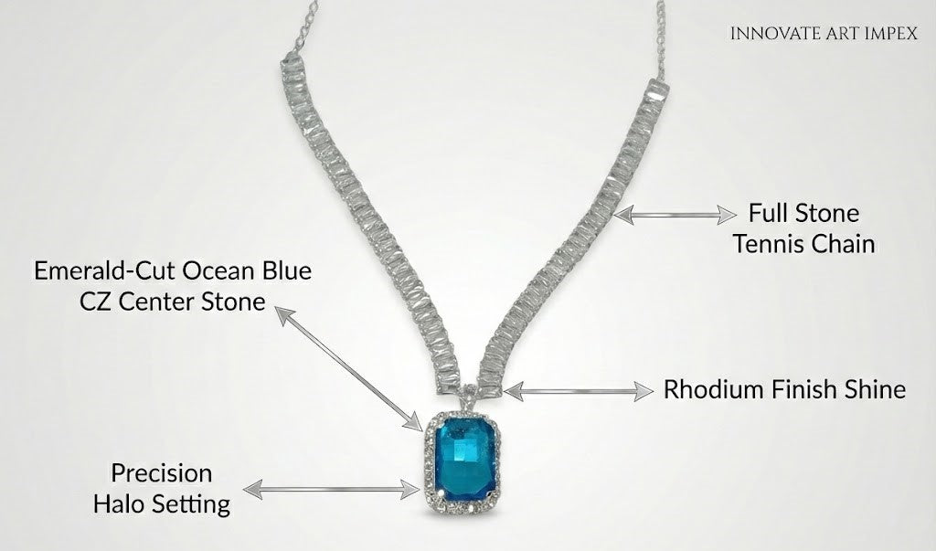 Close-up view of premium artificial Sky Blue Stone Diamond Style Necklace Set with Matching Earrings by Innovate Art Impex.