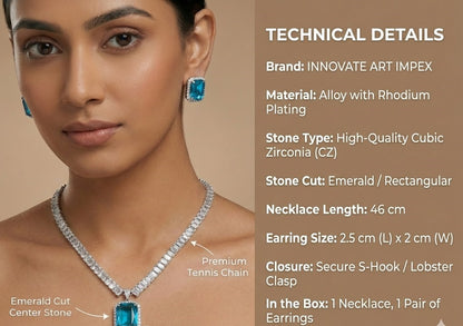 Close-up view of premium artificial Sky Blue Stone Diamond Style Necklace Set with Matching Earrings by Innovate Art Impex.