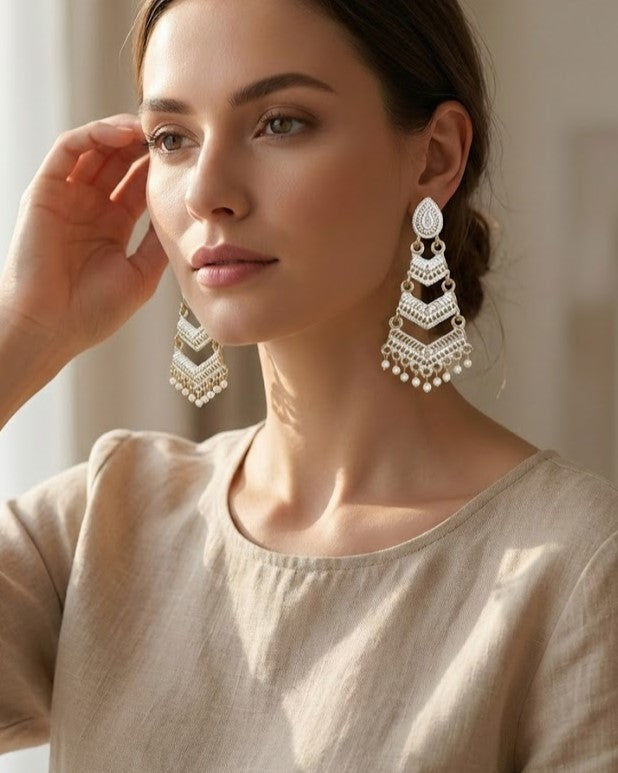 Close-up view of premium artificial White Meenakari Gold Plated Layered Drop Earrings with Pearl Hanging by Innovate Art Impex.