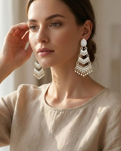 Close-up view of premium artificial White Meenakari Gold Plated Layered Drop Earrings with Pearl Hanging by Innovate Art Impex.