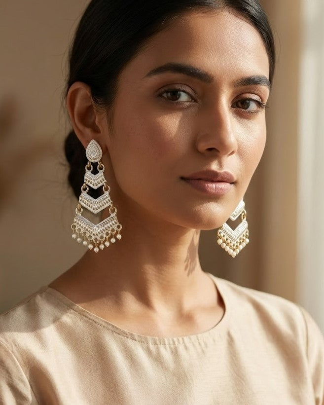 Close-up view of premium artificial White Meenakari Gold Plated Layered Drop Earrings with Pearl Hanging by Innovate Art Impex.