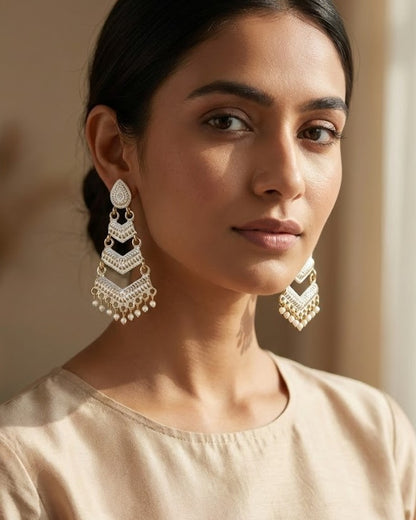 Close-up view of premium artificial White Meenakari Gold Plated Layered Drop Earrings with Pearl Hanging by Innovate Art Impex.