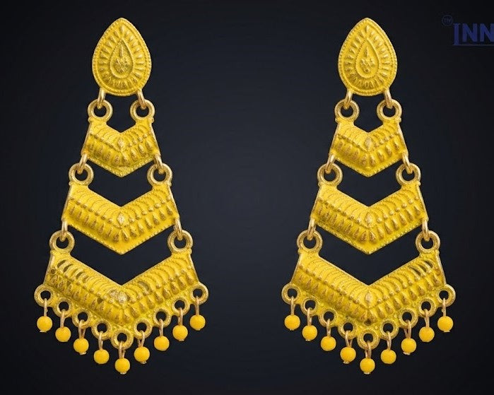 Close-up view of premium artificial Yellow Meenakari Gold Plated Layered Drop Earrings with Pearl Hanging by Innovate Art Impex.