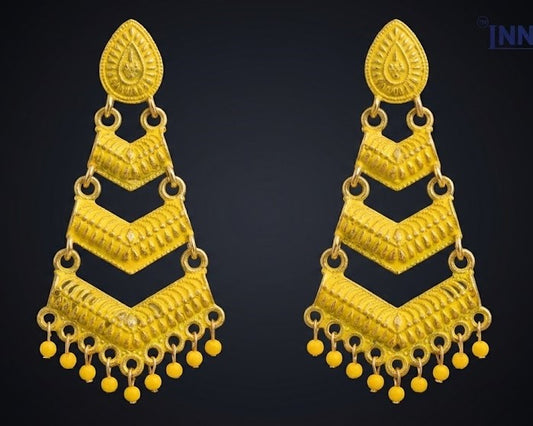Close-up view of premium artificial Yellow Meenakari Gold Plated Layered Drop Earrings with Pearl Hanging by Innovate Art Impex.