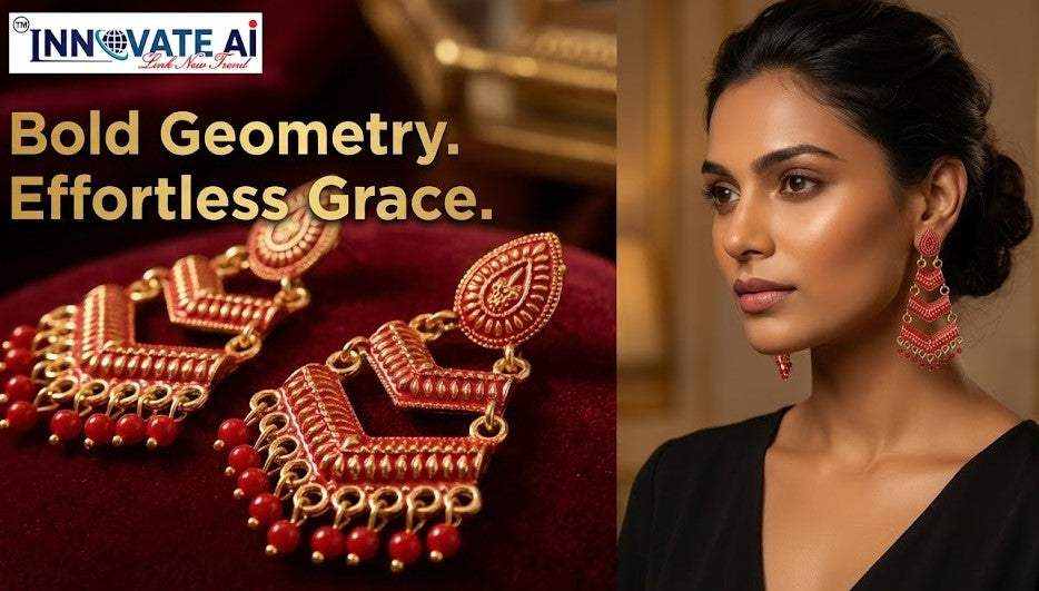 Close-up view of premium artificial Red Meenakari Gold Plated Layered Drop Earrings with Pearl Hanging by Innovate Art Impex.