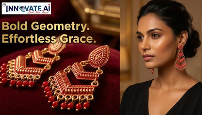 Close-up view of premium artificial Red Meenakari Gold Plated Layered Drop Earrings with Pearl Hanging by Innovate Art Impex.