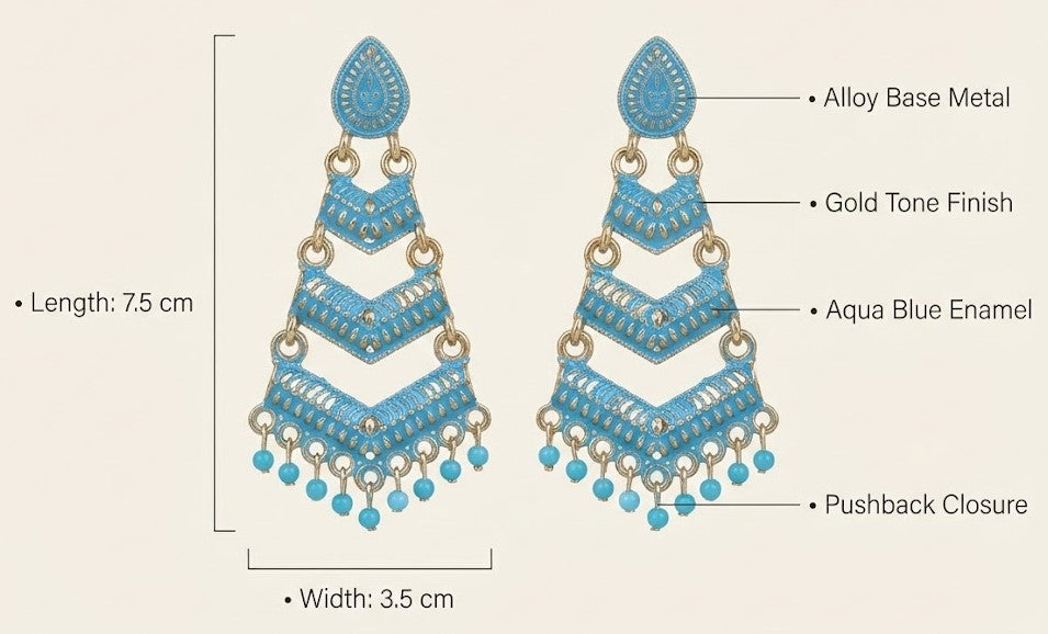 Close-up view of premium artificial Blue Meenakari Gold Plated Layered Drop Earrings with Pearl Hanging by Innovate Art Impex.
