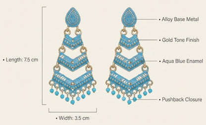 Close-up view of premium artificial Blue Meenakari Gold Plated Layered Drop Earrings with Pearl Hanging by Innovate Art Impex.