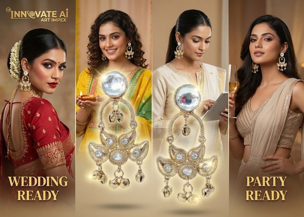 Close-up view of premium artificial Traditional Gold Plated Kundan Style Chandelier Earrings with Ghungroo by Innovate Art Impex.