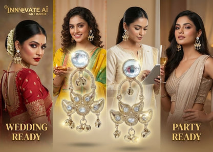 Close-up view of premium artificial Traditional Gold Plated Kundan Style Chandelier Earrings with Ghungroo by Innovate Art Impex.