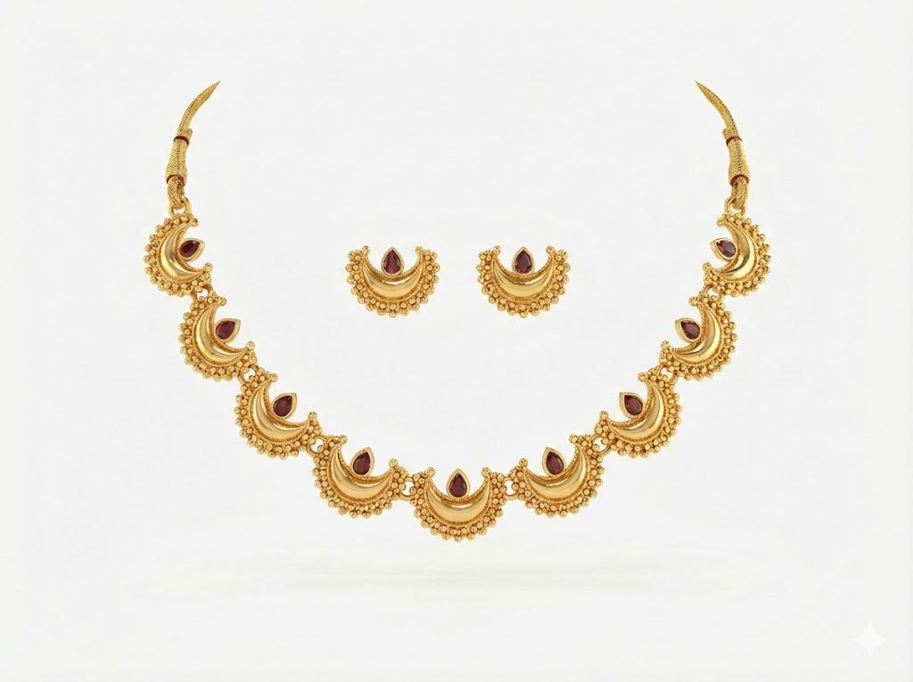 Close-up view of premium artificial Traditional Maharashtrian Chandrakor Rubu Red Stone Necklace Set   Gold Plated by Innovate Art Impex.