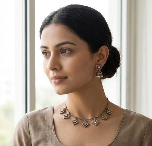 Close-up view of premium artificial Elegant Square CZ Imitation Necklace and Pearl Drop Jhumka Set by Innovate Art Impex.