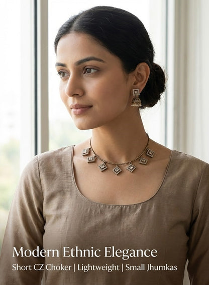 Close-up view of premium artificial Elegant Square CZ Imitation Necklace and Pearl Drop Jhumka Set by Innovate Art Impex.