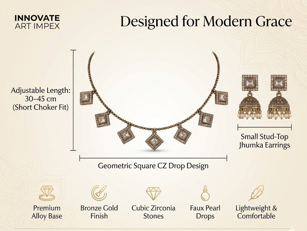 Close-up view of premium artificial Elegant Square CZ Imitation Necklace and Pearl Drop Jhumka Set by Innovate Art Impex.