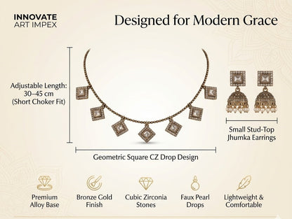 Close-up view of premium artificial Elegant Square CZ Imitation Necklace and Pearl Drop Jhumka Set by Innovate Art Impex.