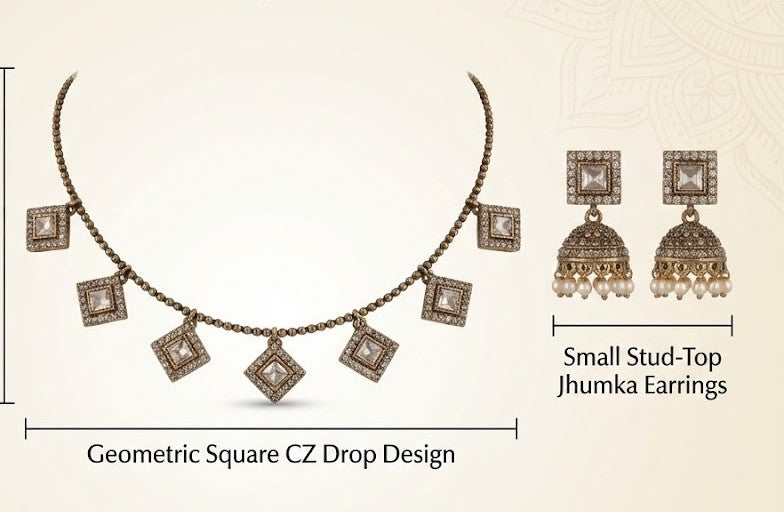 Close-up view of premium artificial Elegant Square CZ Imitation Necklace and Pearl Drop Jhumka Set by Innovate Art Impex.