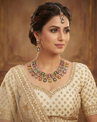 Close-up view of premium artificial Antique Gold Multi Color Meenakari & Kundan Choker Set with Maang Tikka by Innovate Art Impex.