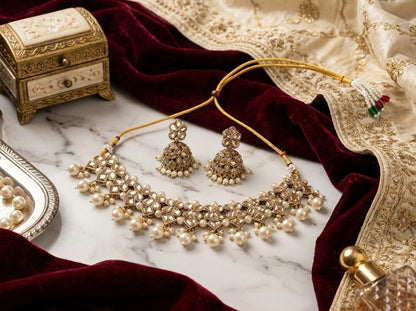 Close-up view of premium artificial Antique Gold Kundan Choker Set with Pearl Drops & Matching Jhumka Earrings by Innovate Art Impex.