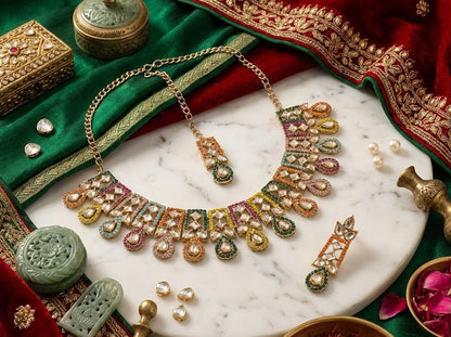 Close-up view of premium artificial Antique Gold Multi Color Meenakari & Kundan Choker Set with Maang Tikka by Innovate Art Impex.