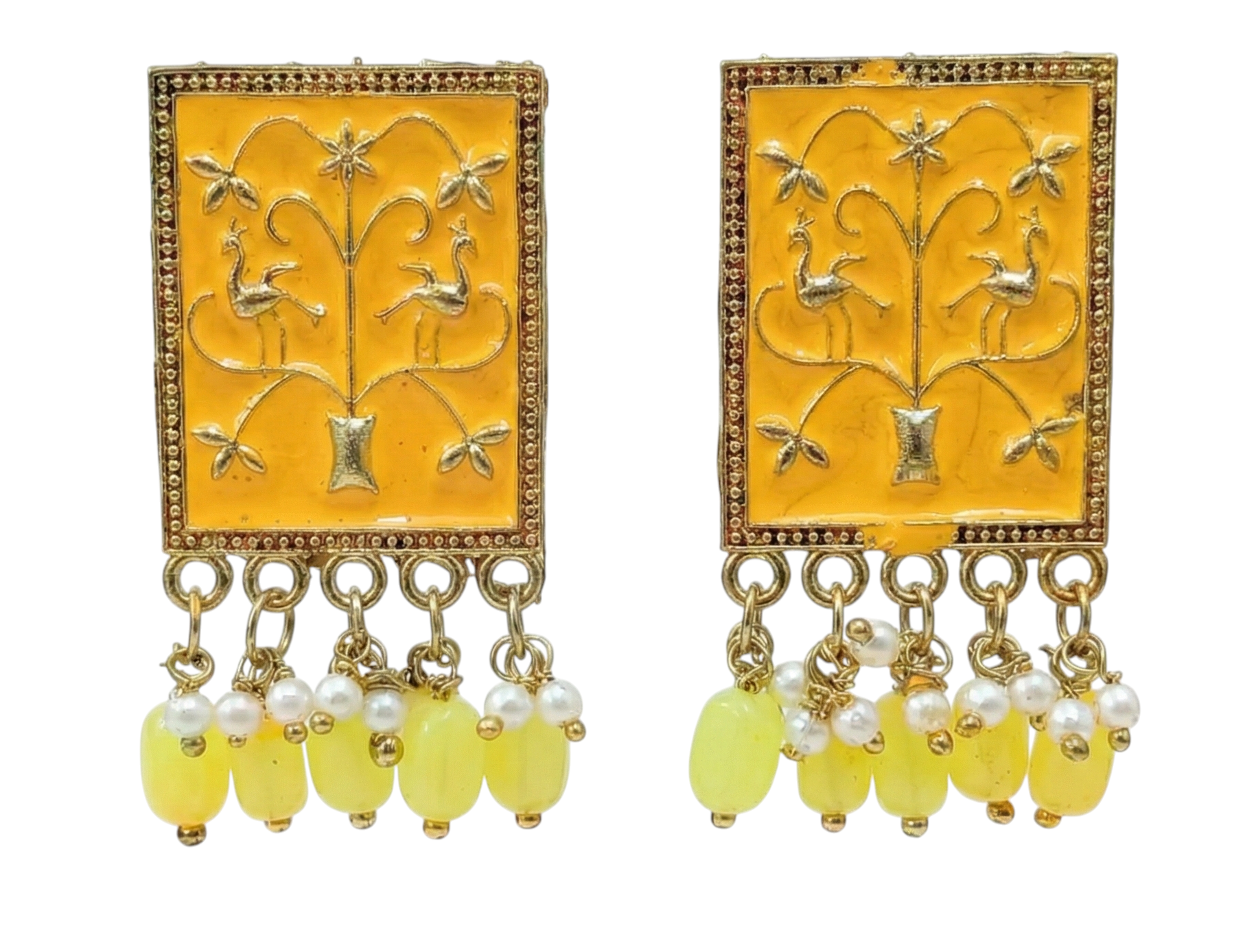 Close-up view of premium artificial Yellow Meenakari Gold Plated Pearl Drop Earrings for Women | Traditional Ethnic Dangle Earrings by Innovate Art Impex.
