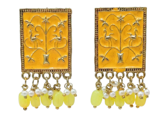 Close-up view of premium artificial Yellow Meenakari Gold Plated Pearl Drop Earrings for Women | Traditional Ethnic Dangle Earrings by Innovate Art Impex.